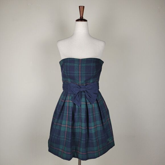 Abercrombie & Fitch Dresses & Skirts - Abercrombie & Fitch Dress Womens 4 Green Blue Plaid Wool Blend Strapless Preppy